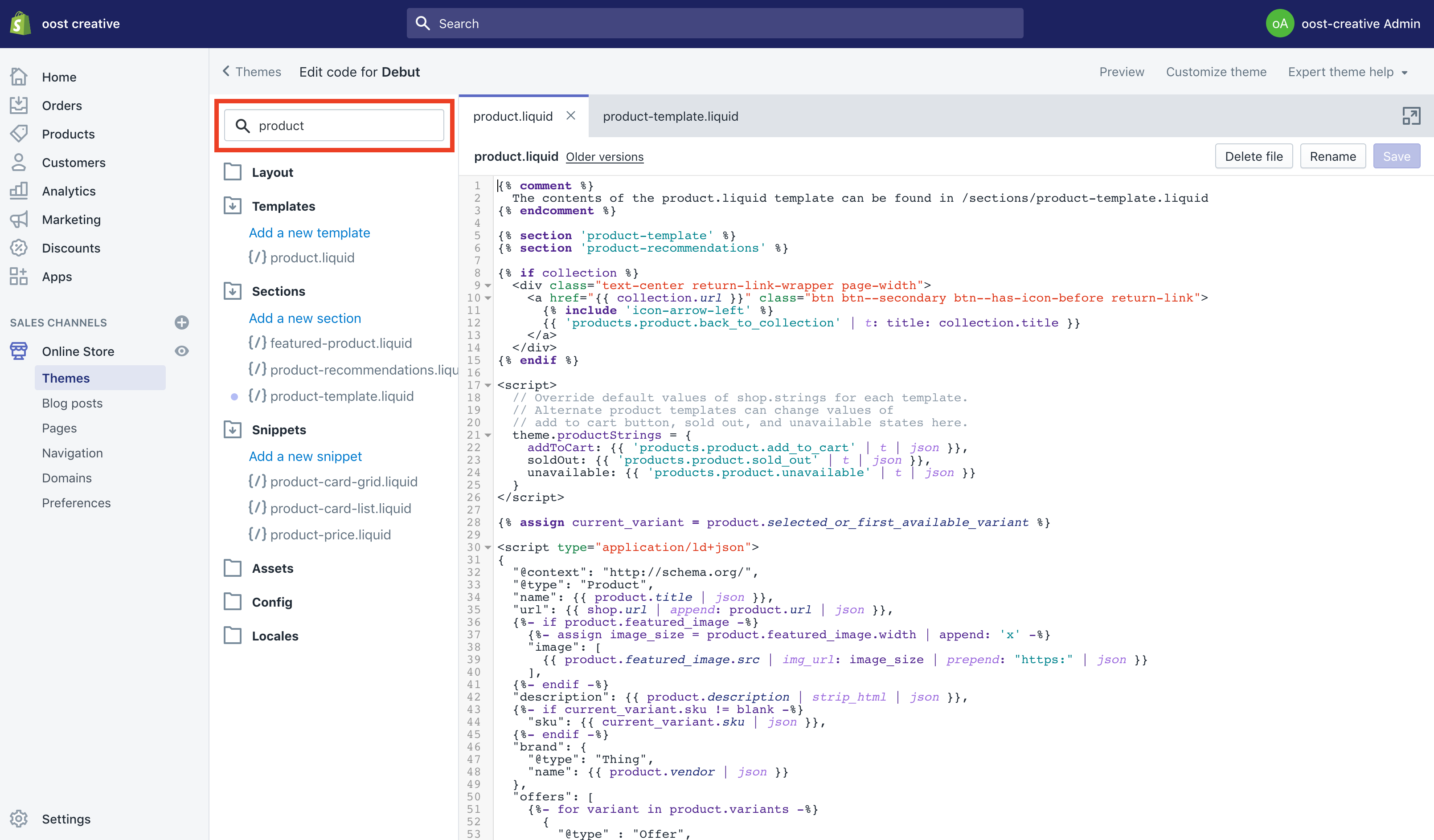 Shopify admin page showing the code editor