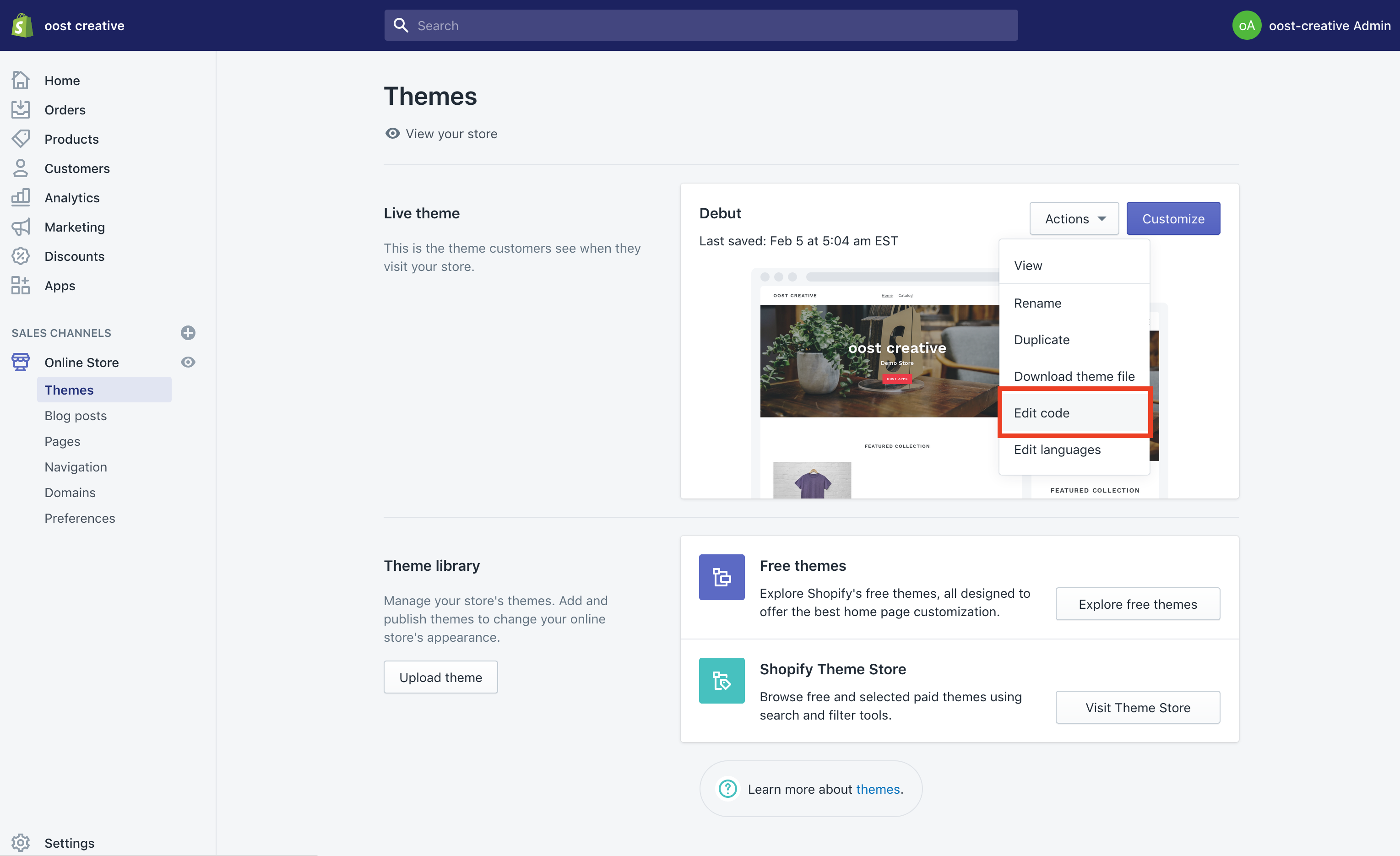 Shopify admin page showing the active theme